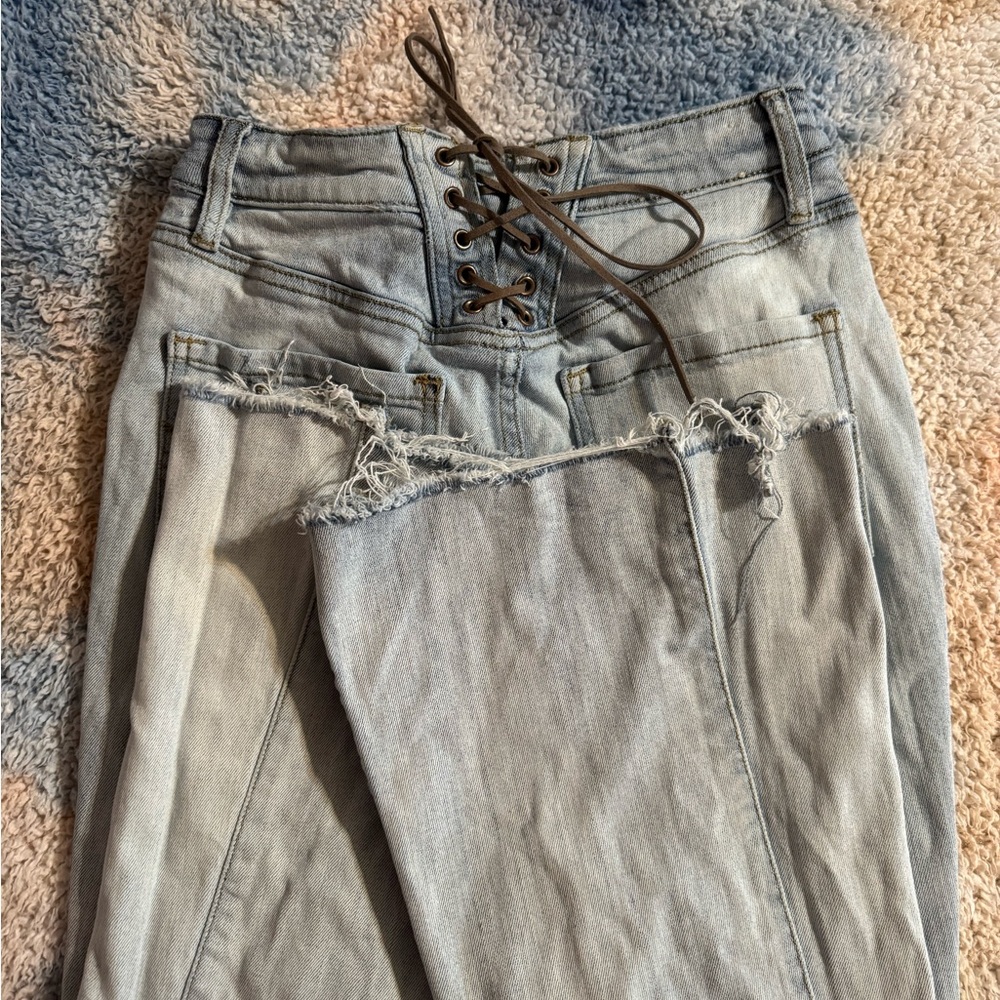 Lace-Up Light Wash Denim Jeans